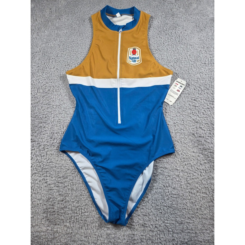 Shinesty Natural Light Swimsuit Large Blue Gold Women Rash Guard Zip One Piece